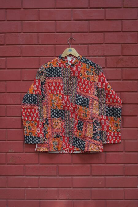 Womens Red Velvet Embroidered Jacket with Floral Design